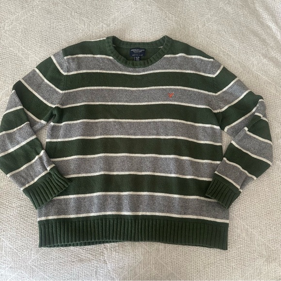 Vintage Y2K 90’s American Eagle Outfitters Green/Gray Stripe Crewneck Sweater XL - Picture 1 of 8